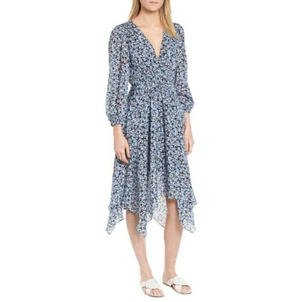 Nordstrom Signature Silk Floral Handkerchief Hem Dress in Blue Size 6